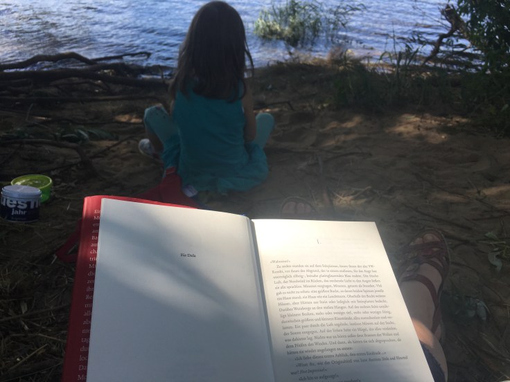 Buch lesen an der Elbe in Dresden
