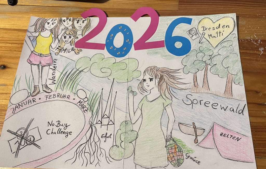 Zeichnung einer Frau, viel Grün, einem Fluss, einer Familie, einem Zelt und der Zahl 2026