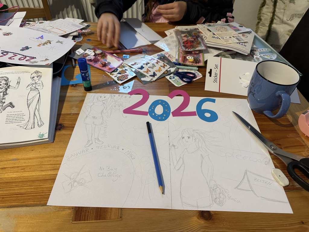 Papier auf einem Tisch mit Beschriftung 2026 und drum herum Stifte, Kleber, Schere