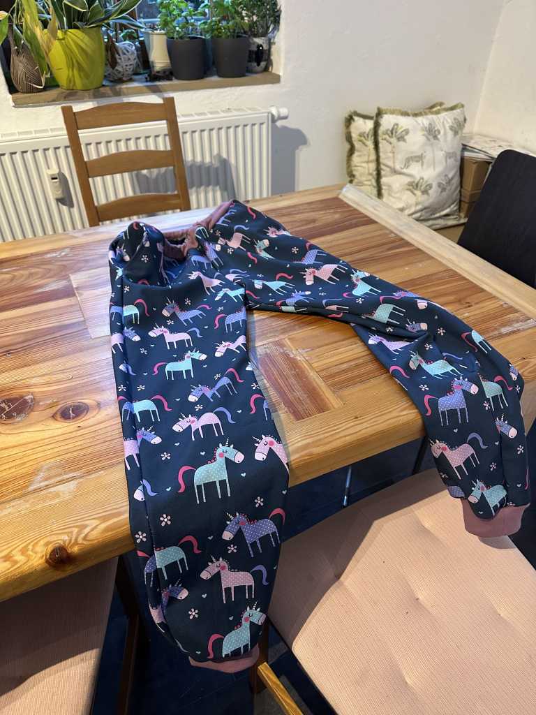 Schneehose mit Einhörnern auf Tisch