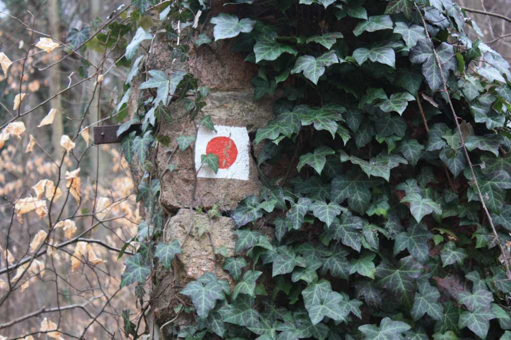 Wegzeichen auf Mauer: roter Kreis