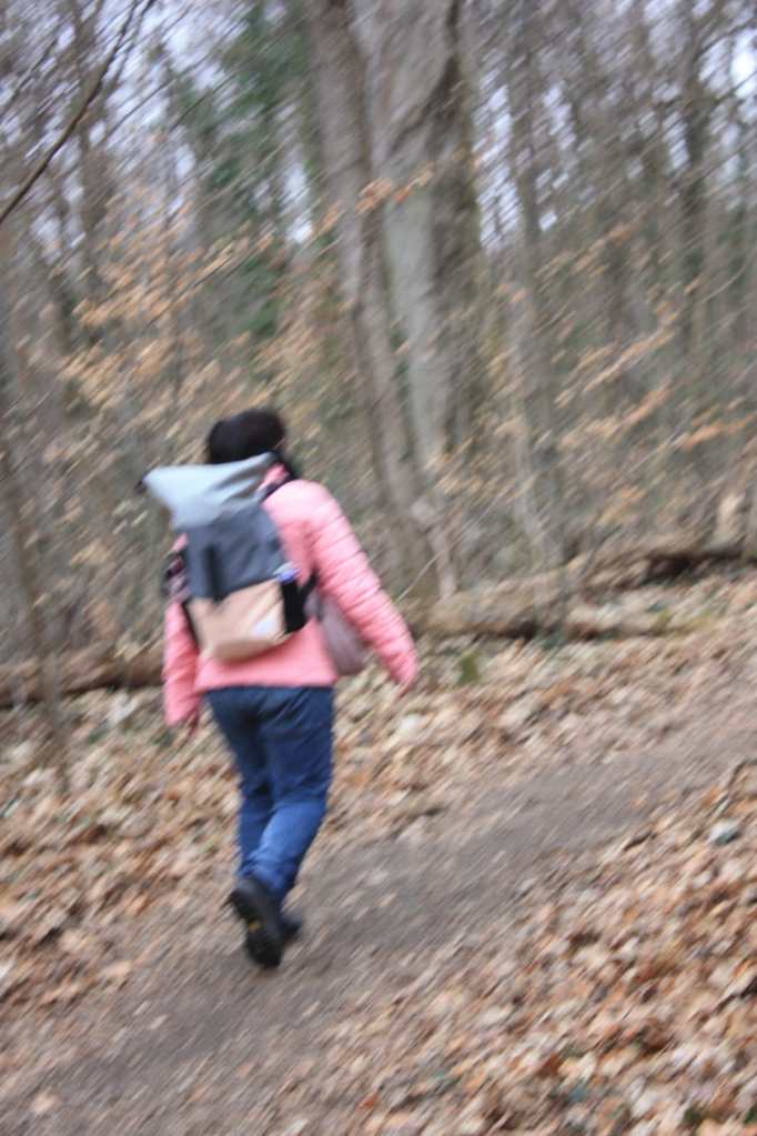 Verschwommene Aufnahme einer Frau auf einem Waldweg